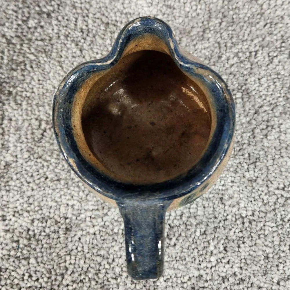 Studio Pottery Creamer Pitcher Tan Cobalt Blue‎ Rustic Farmhouse Small